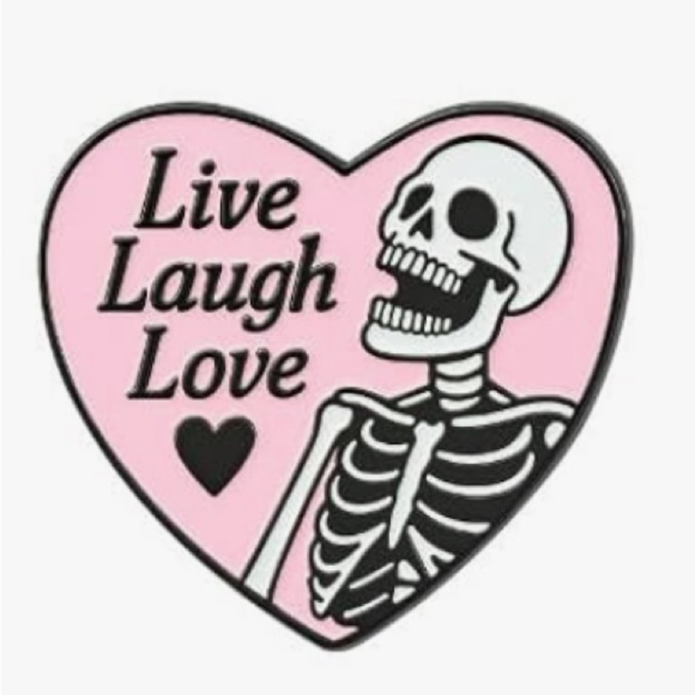 NEW “Live Laugh Love” Skeleton Enamel Pin Pink Heart Goth Horror Funny Cute